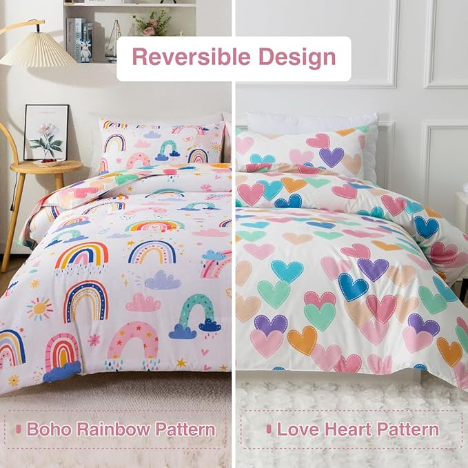 Holawakaka Boho Rainbow Twin Comforter Set with Sheets, 5-Piece Bohemian Love Heart Star Bedding Set for Girls & Women -Super Soft Microfiber Kids Teen-Girls Reversible Bed-in-a-Bag