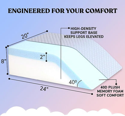 Bed Wedge Leg Elevation Pillows for After Surgery, Swelling Blood Circulation, 8" Memory Foam Leg Elevating Pillow for Both Legs, Back Hip Foot Ankle Pain Relief, Sciatica, Edema Relief Washable Cover