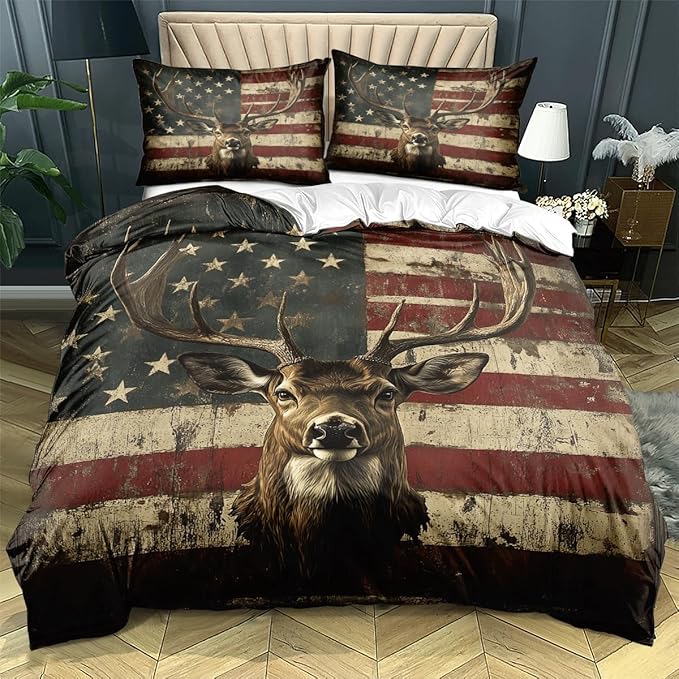 Deer Full Duvet Cover Sets,Deer and American Flag Bedding Sets for Hunter Bedroom Decor, 1 Duvet Cover 2 Pillowcases Comforter Cover for Adult Teen boy,Full