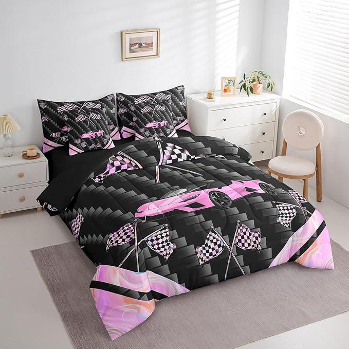 Feelyou Pink Race Car 7 Piece Bedding Set King Size Extreme Sports Comforter Set with Sheets for Kids Teens Adult Fast and Furious Bed in a Bag Dazzling Flag Bed Set