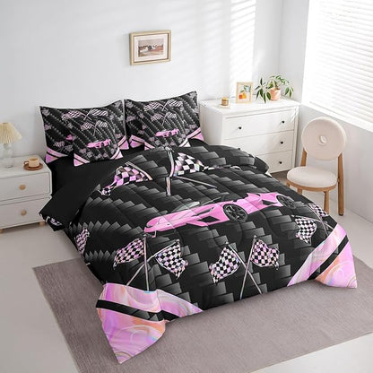 Feelyou Pink Race Car 7 Piece Bedding Set King Size Extreme Sports Comforter Set with Sheets for Kids Teens Adult Fast and Furious Bed in a Bag Dazzling Flag Bed Set