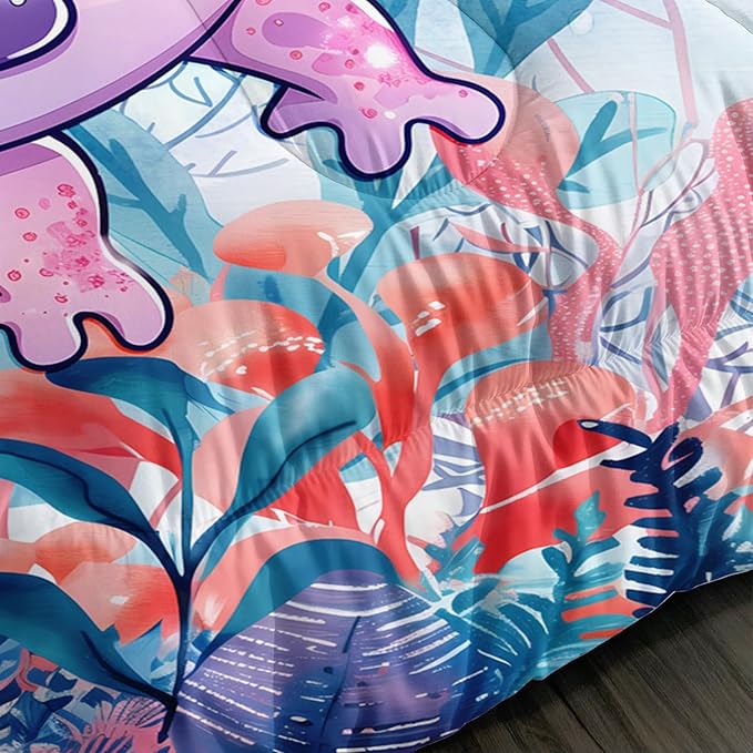 Cute Axolotl Bedding Set King Size,Color Axolotl Waterweed Jellyfish Pattern Toddler Bed Comforter Set,Kawaii Ocean Life Bedding Sets for Kids Boys Girls Room Decor with 2 Pillowcases.
