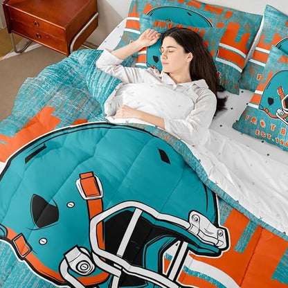 Erosebridal Boys Football Sports Helmet Bedding Set Full Size Bed in A Bag,Kids Football Comforter Sets with Sheets for Men Women Rugby Ball Gamed Bed Set 7 Pieces