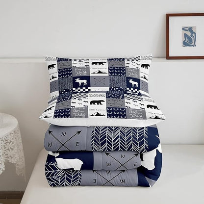 Feelyou Deer Moose Print Comforter Set for Girls Women Teens Adult, Kids Boys Bear Hunting Bedding Set, Wild Animal Comforter Soft Quilt,Blue with 2 Pillowcases 3Pcs Bedding Queen Boys