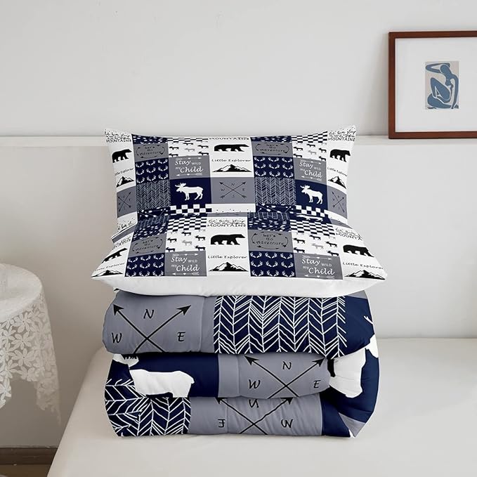 Feelyou Deer Moose Print Comforter Set for Girls Women Teens Adult, Kids Boys Bear Hunting Bedding Set, Wild Animal Comforter Soft Quilt,Blue with 2 Pillowcases 3Pcs Bedding King Boys