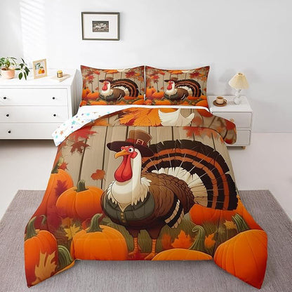 Feelyou Turkey Bedding Set Toddler Size Soft Thanksgiving Harvest Season Fruit Decor Comforter Set for Kids Boys Girls Decor Fall Pumpkin Comforter Microfiber Gamboge Duvet Set