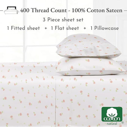 California Design Den Printed Twin XL Sheet Sets - 400 Thread Count Sateen, Natural 100% Cotton Bed Sheets, Deep Pockets, and Durable Bedding Set - Soft Floral