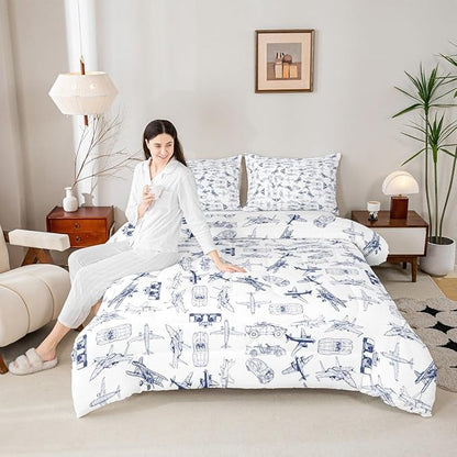 Feelyou Aircraft Bedding Set Kids Airplane Print Comforter Set Boys Girls Decor Aircraft Flying Comforter Cover Set Microfiber Sketch Style Blue White Duvet Set Bedroom Quilt Set Full Size