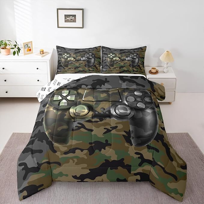 Feelyou Kids Gamer Comforter Set Camouflage Gaming Bedding Set for Boys Teens Bedroom Green Black Camo Video Game Decor Comforter Gamer Console Quilt Set Queen Size Duvet Quilted 3Pcs