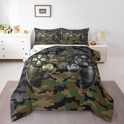 Feelyou Kids Gamer Comforter Set Camouflage Gaming Bedding Set for Boys Teens Bedroom Green Black Camo Video Game Decor Comforter Gamer Console Quilt Set Queen Size Duvet Quilted 3Pcs