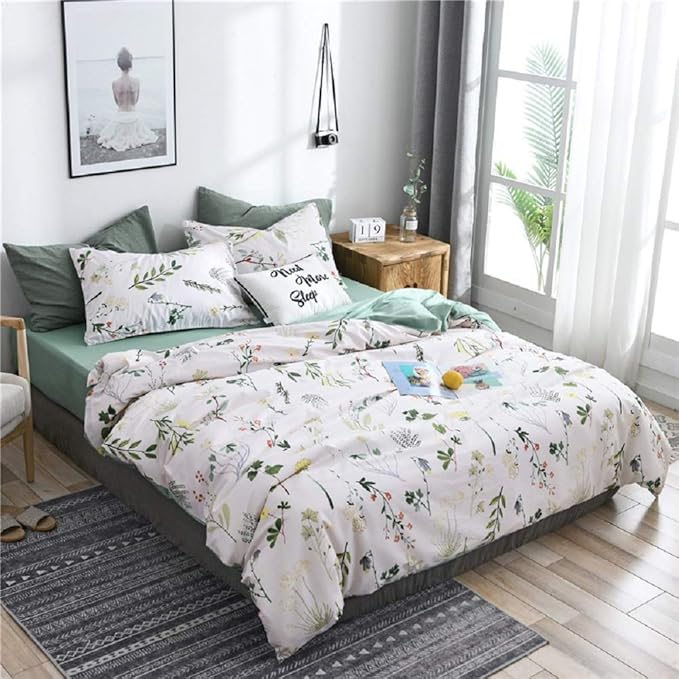 Floral Duvet Cover Queen 100% Soft Cotton 3 Pieces Queen Botanical Bedding Set Reversible Floral Themed Blossom Fresh Plant Duvet Cover, with Zipper Closure, Breathable (No Comforter)