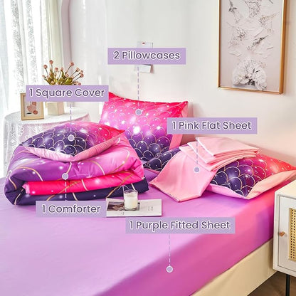 URBONUR Pink Purple Comforter Set Full Size for Girls 6 Piece Bed-in-a-Bag Glitter Mermaid Kids Bedding with Sheets