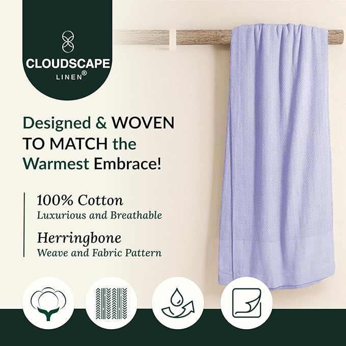 Cloud Scape Linen Herringbone Cotton Twin Blanket for Couch, Bed,Sofa, Home Decor, Soft, Weighted, All-Season, Winter Bed Blanket, Best Gift Idea, 68 x92, Lavender Blue