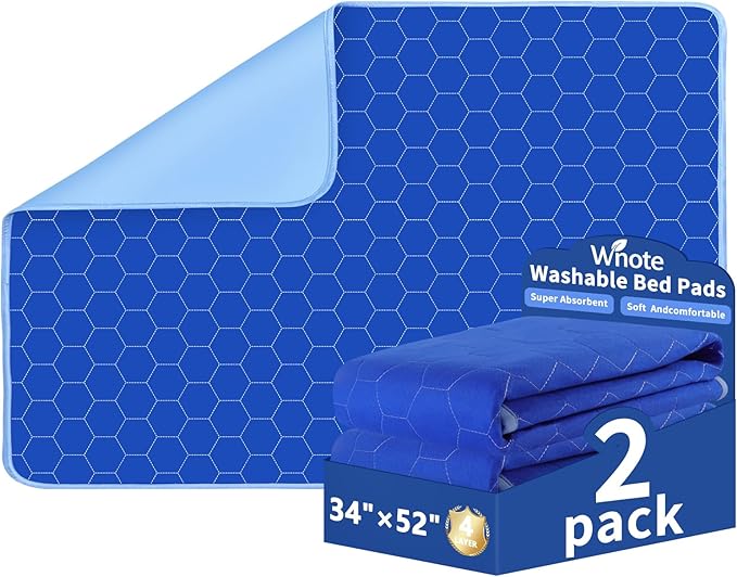 Waterproof Washable Underpads Pee Pad (RoyalBlue 34" x 52" 2 Pack), Reusable Absorbency Bedwetting Incontinence Bed Pads for Kids Adults Elderly Dog Pet, Puppy Pads for Mattress Couches Sofas Floors
