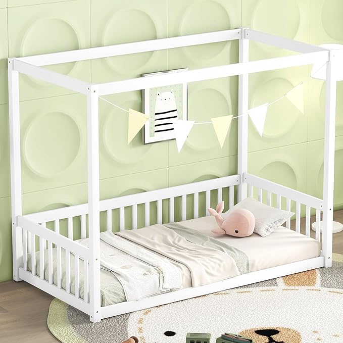 MERITLINE Full Canopy Bed Frame with Fence,Solid Wood Montessori Floor Bed with Guardrail, Easy to Assemble (White)
