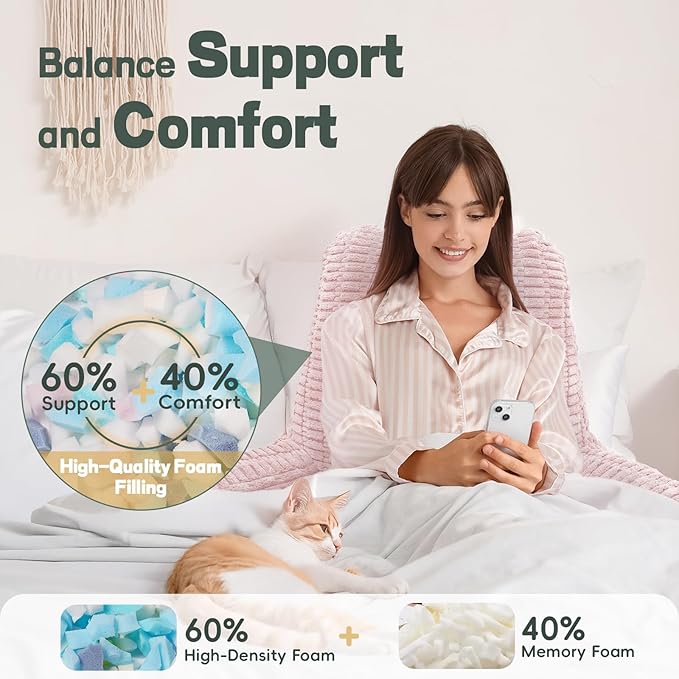 21" Higher Large Reading Pillow for Bed Adult, Back Pillow for Bed Sitting Up with Memory Foam Back Support with Arms Rest for Couch Chair Pink