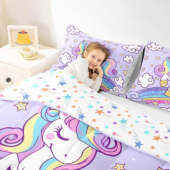 Feelyou Unicorn Bedding Full Bed Sets for Girls Light Purple Cute Unicorn Comforter for Girls Comforter Set Star Print Kawaii Duvet Quilt Bedroom Decor Rainbow Bedding Cartoon Quilt,All Season