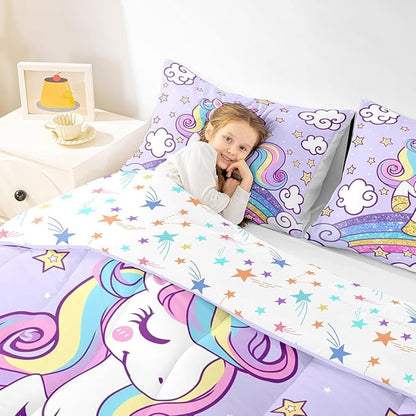 Feelyou Unicorn Bedding Toddle Bed Sets for Girls Light Purple Cute Unicorn Comforter for Girls Comforter Set Star Print Kawaii Duvet Quilt Bedroom Decor Rainbow Bedding Cartoon Quilt,All Season