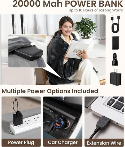 Cordless Heated Blanket with Hood, USB Battery Powered Heated Wearable Blanket with 9 Heating Zones, 20000 mAh Power Bank, 3 Levels, Portable Heated Throw Blanket, Heated Shawl