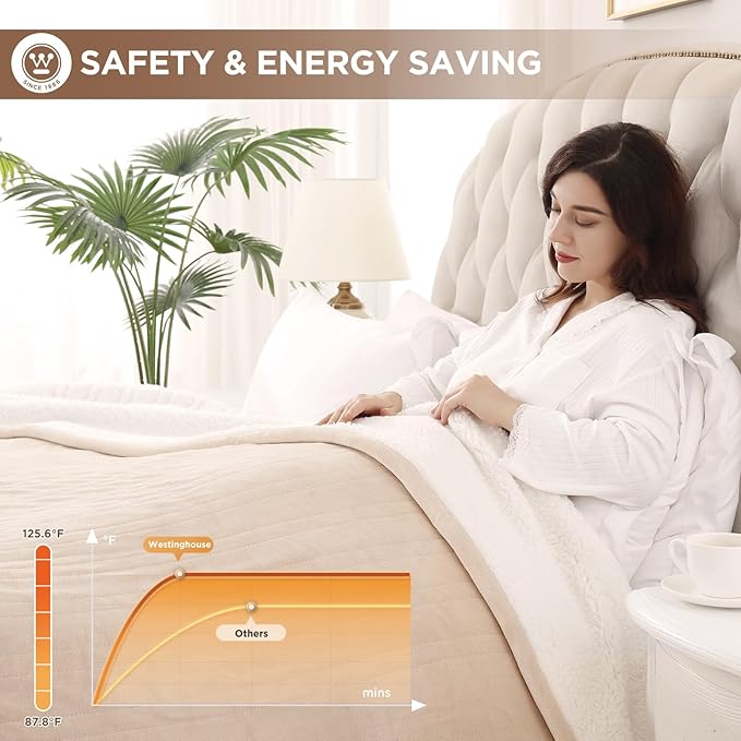 Westinghouse Electric Heated Blanket - Queen Size, Soft Flannel to Sherpa, 10 Heating Levels, 12 Hour Auto Off, Machine Washable, 84x90 Inch, Beige