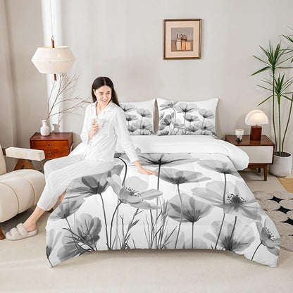 Erosebridal Vintage Grey Floral Queen Comforter Set,Black and Gray Flower Bedding Sets for Kids Girls Women,Country Flowers Bed Set Rustic Wildflower Room Decor with 2 Pillowcases,Breathable