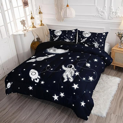 Astronaut Space Rocket Comforter Set 3D Printed Bedding Set with 1 Comforter and 2 Pillowcases for Boys and Girls Bedroom All Season(Space Queen)