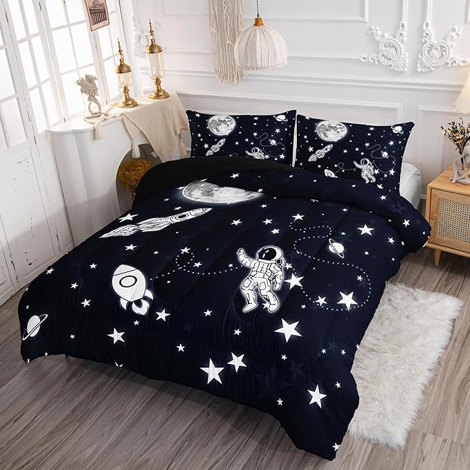Astronaut Space Rocket Comforter Set 3D Printed Bedding Set with 1 Comforter and 2 Pillowcases for Boys and Girls Bedroom All Season(Space Full)