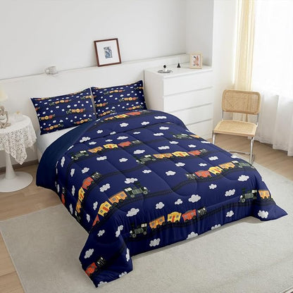 Erosebridal Cartoon Train Bedding Sets Navy Locomotive Train Comforter Set Full,Smoking Steam Engine Down Comforter for Kids Toddler Cute Clouds Transportation Cars Duvet Insert 3 Pieces