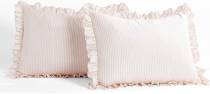 Lush Decor Ticking Stripe Bedspread Queen Size 3 Piece Set Blush - Ruffle Bedding Set Queen Bedspreads - Striped Bedding - Farmhouse & Coquette Decor