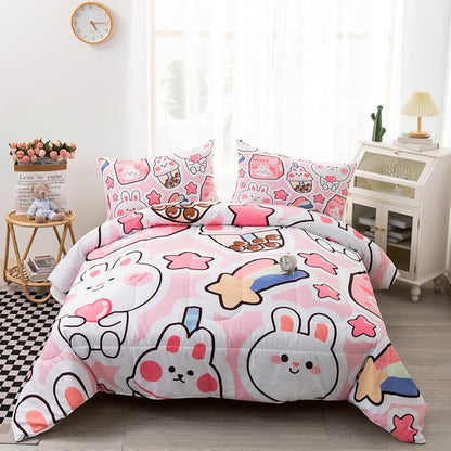 CVHOUSE Kawaii Rabbit Bedding Set for Girls - Twin Size, Includes Cute Rabbit Comforter, Duvet, and Quilt - Perfect for Kids' Room Decor
