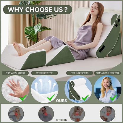 Newgoo Wedge Pillow Set for After Surgery, 5PCS XL Bed Wedge Pillow for Sleeping, Memory Foam Orthopedic Back Pillow for Pain Relief and Acid Reflux, Adjustable Post Surgery Pillow Green