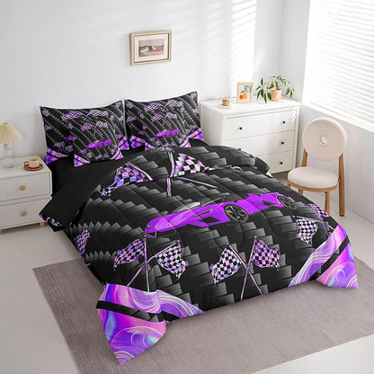 Feelyou Purple Race Car 7 Piece Bedding Set King Size Extreme Sports Comforter Set with Sheets for Kids Teens Adult Fast and Furious Bed in a Bag Dazzling Flag Bed Set