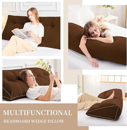 Sasttie Headboard Pillow Queen, Triangular Wedge Pillow Headboard, Wedge Headboard Pillow for Bed Sofa, Daybed Pillows for Sitting up, Reading or Working with Removable Cover, Brown