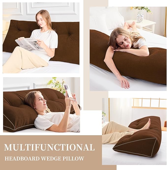 Sasttie Headboard Pillow Twin/Twin XL, Wedge Pillow Headboard for Dorm, Triangular Daybed Backrest Cushion for Sitting or Reading in Bed, with Removable Washable Cover, Brown