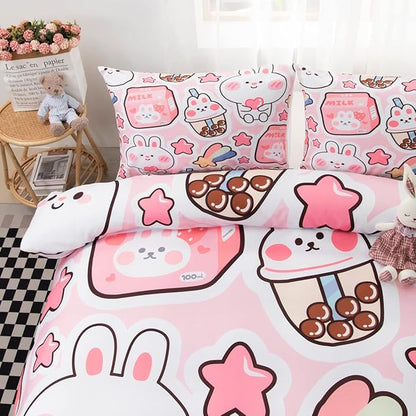 CVHOUSE Kawaii Bedding Set King Size,Cute Rabbit Bed for Girls Kids Teens,Pink Comforter Cover Soft,Kawaii Duvet Set,Girls Room Decor Quilt King 90'x102'