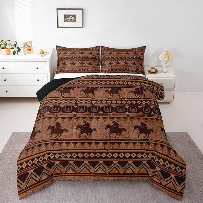 Feelyou Western Decor Comforter Set King Size Horse Comforter Southwestern Native Aztec Bedding Set Retro Exotic Boho Duvet Set Room Decor Rustic Brown Quilt Set