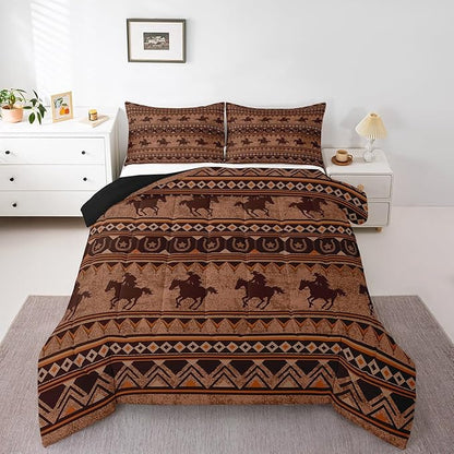 Feelyou Western Decor Comforter Set King Size Horse Comforter Southwestern Native Aztec Bedding Set Retro Exotic Boho Duvet Set Room Decor Rustic Brown Quilt Set