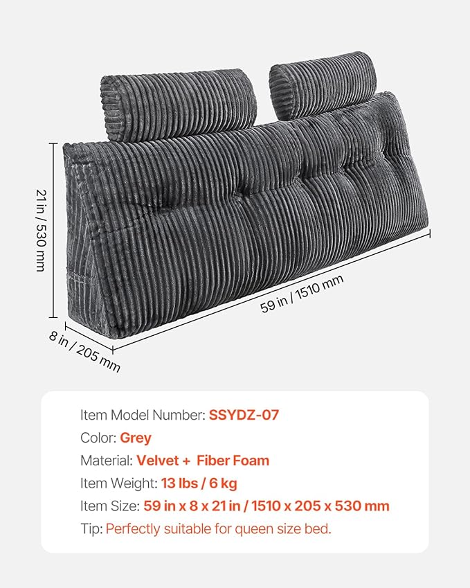 VEVOR Headboard Pillow, Queen Size Wedge Headboard Pillow with 2 Side Pockets and 2 Headrests, Bed Wedge Pillow with Washable Flannel Cloth, for Reading, Gaming, Resting, Working in Bed, Grey