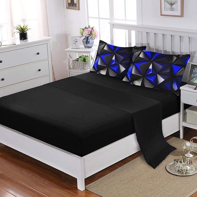 Geometric Queen Comforter Set,Blue Black Honeycomb Bedding Set 7 Piece with Comforter Fitted Sheet Flat Sheet Pillowcases,Bed Sets Geometry Decor,Microfiber Lightweight All Season.