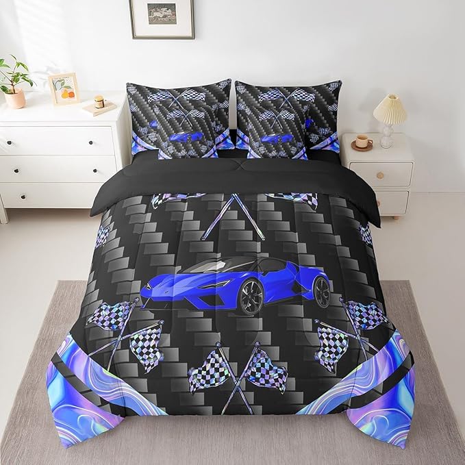 Feelyou Blue Race Car 7 Piece Bedding Set Full Size Extreme Sports Comforter Set with Sheets for Kids Teens Adult Fast and Furious Bed in a Bag Dazzling Flag Bed Set