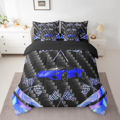 Feelyou Blue Race Car 7 Piece Bedding Set Full Size Extreme Sports Comforter Set with Sheets for Kids Teens Adult Fast and Furious Bed in a Bag Dazzling Flag Bed Set