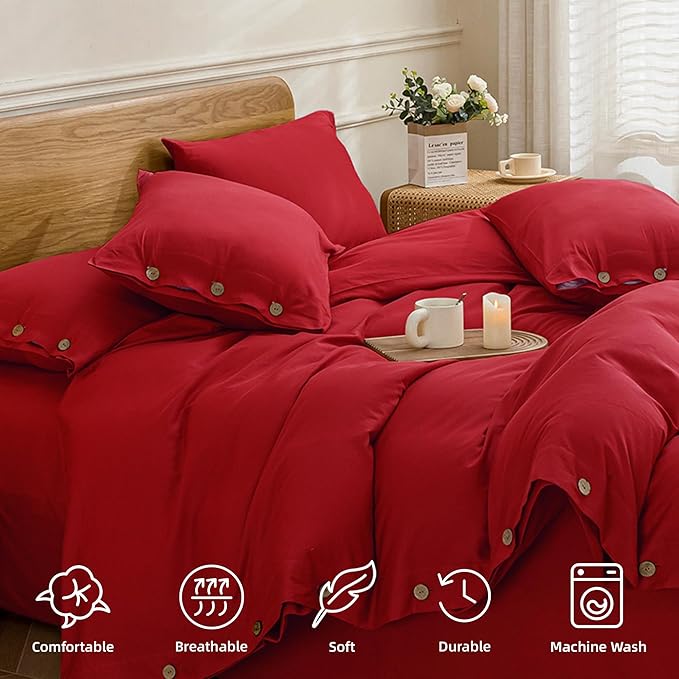 JELLYMONI Cotton Duvet Cover King Size - Crimson Red Comforter Cover with Button 100% Washed Cotton 3PCS Breathable Soft Solid Bedding Set Duvet Cover 104×90in & 2 Pillowcases (NO Comforter)