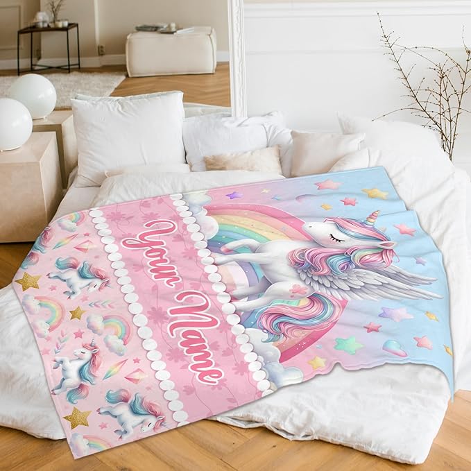 Personalized Unicorn Blanket, Unicorn Gift, 50 x 40 Inches Soft Blanket, Gift for Kids Teens, Unicorn Lovers, Warm Flannel Throw Blanket for Bed Sofa Room Decor, Camping, Travel, Chair
