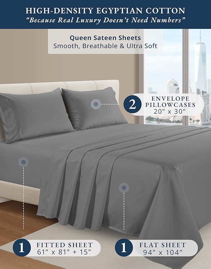 LANE LINEN 100% Egyptian Cotton Luxury Bedding Queen Sheet Set, Fade Resistant, No Pill, Naturally Cooling, Soft & Comfy Silky Smotth Sateen Weave Sheets - Charcoal Gray