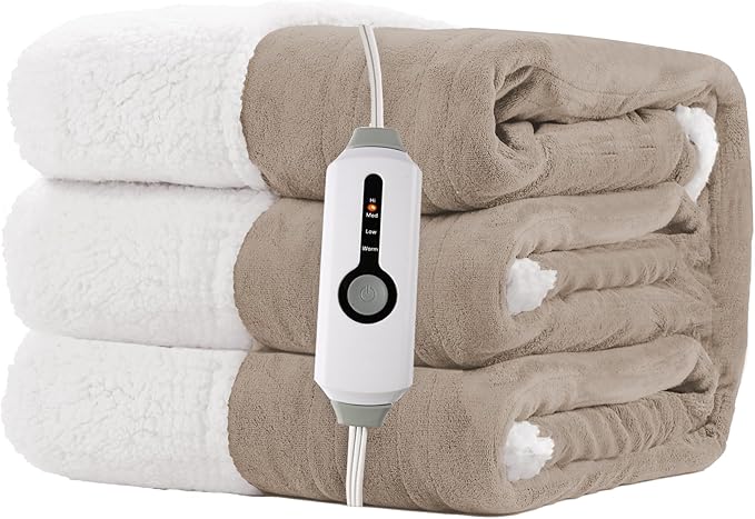 Electric Heated Blanket Twin Size 62"x84" - Dual-Sided with Microplush & Sherpa Fabric, 4 Heat Settings & 10 Hours Auto Off, Machine Washable - Light Brown