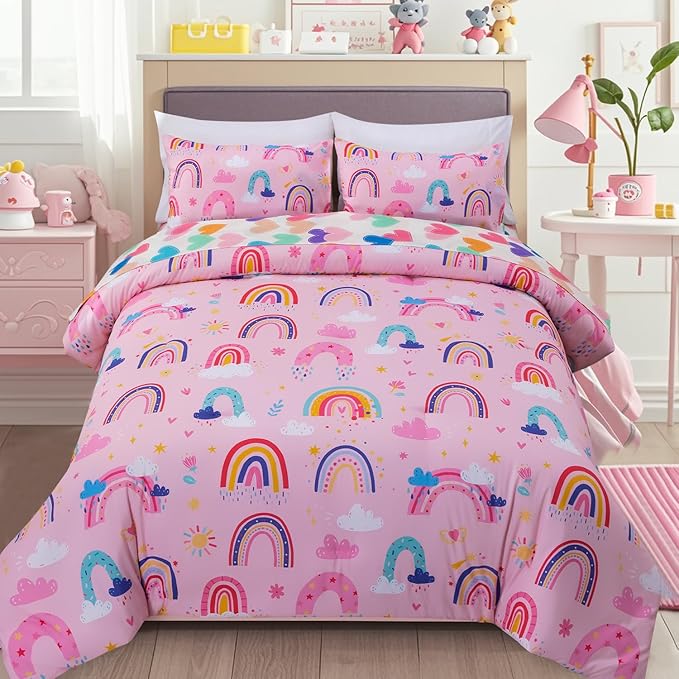 Holawakaka Boho Rainbow Full Comforter Set with Sheets, 5-Piece Bohemian Love Heart Bedding Set for Girls & Women - Super Soft Microfiber Kids Teen-Girls Full Size Pink Reversible Bed-in-a-Bag