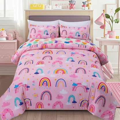 Holawakaka Boho Rainbow Full Comforter Set with Sheets, 5-Piece Bohemian Love Heart Bedding Set for Girls & Women - Super Soft Microfiber Kids Teen-Girls Full Size Pink Reversible Bed-in-a-Bag