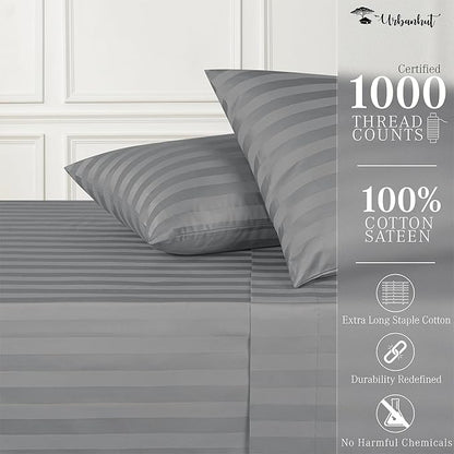 URBANHUT 1000 Thread Count Egyptian Cotton Sheets Damask Striped Full Size, Long Staple Soft & Breathable, 4 Pc Bed Sheet Sets, Luxury Hotel Sateen Sheets Fits 16" Deep Pocket - Dark Grey