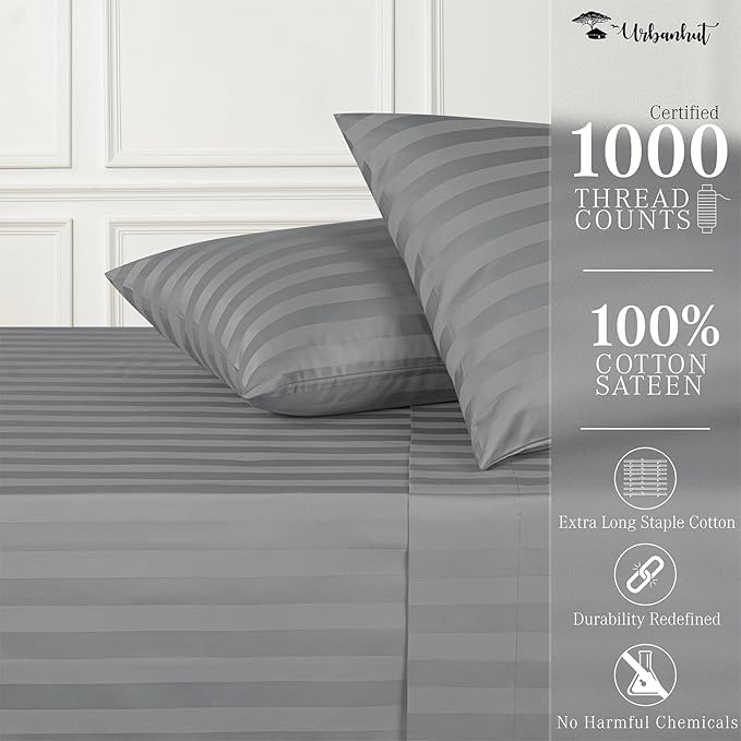 URBANHUT 1000 Thread Count Damask Striped Twin Size Egyptian Cotton Sheets, Long Staple Soft & Breathable, 4 Pc Bed Sheet Sets, Luxury Hotel Sateen Sheets Fits 16" Deep Pocket - Dark Grey