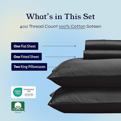 California Design Den King Size Sheets Set - 400 Thread Count Sateen, Natural 100% Cotton Sheets with Deep Pockets, Breathable, and Durable Bedding Set - Black